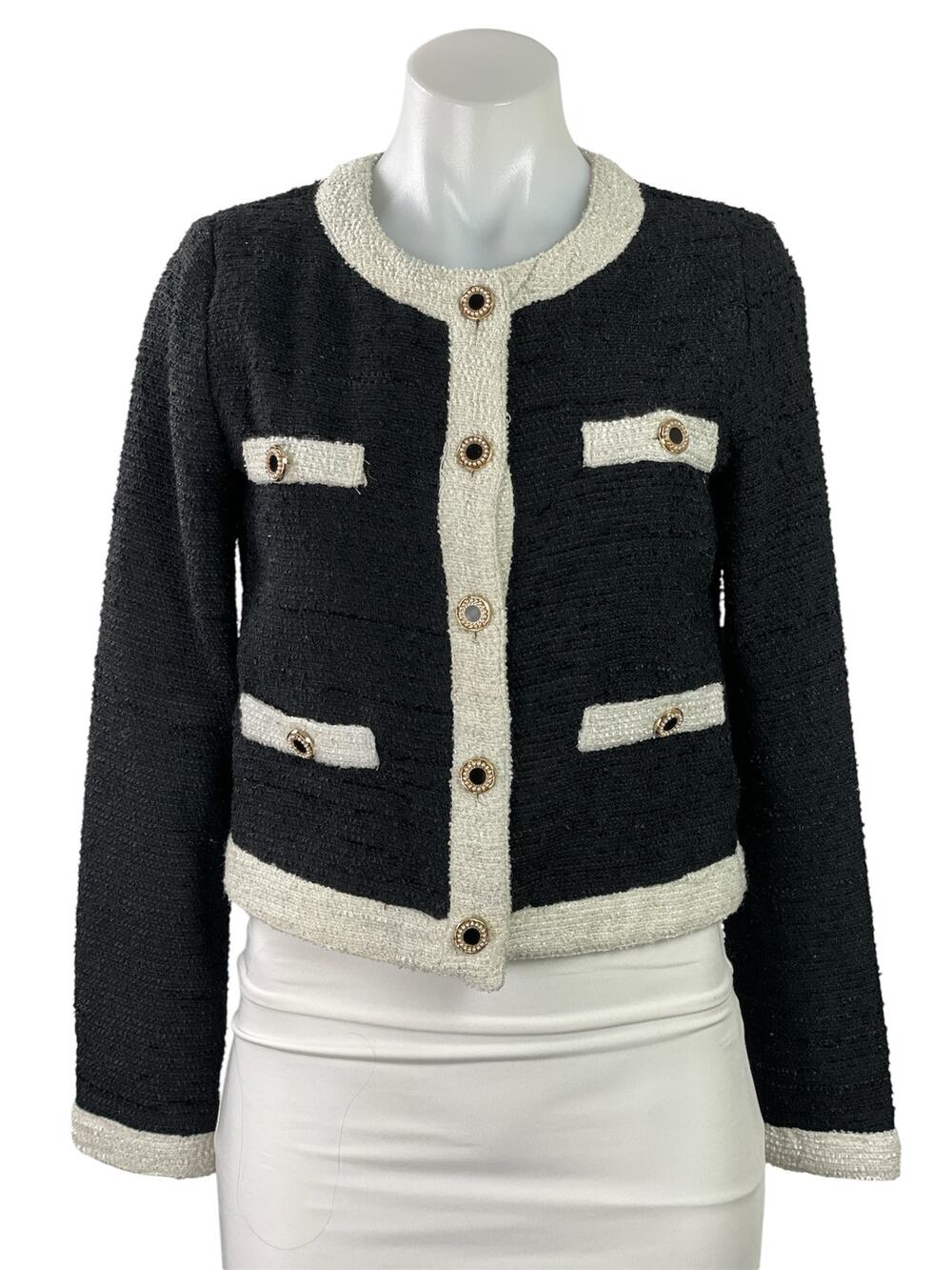 Aqua Women's Black Long Sleeve Cropped Tweed Button Up Cardigan Jacket Size XS